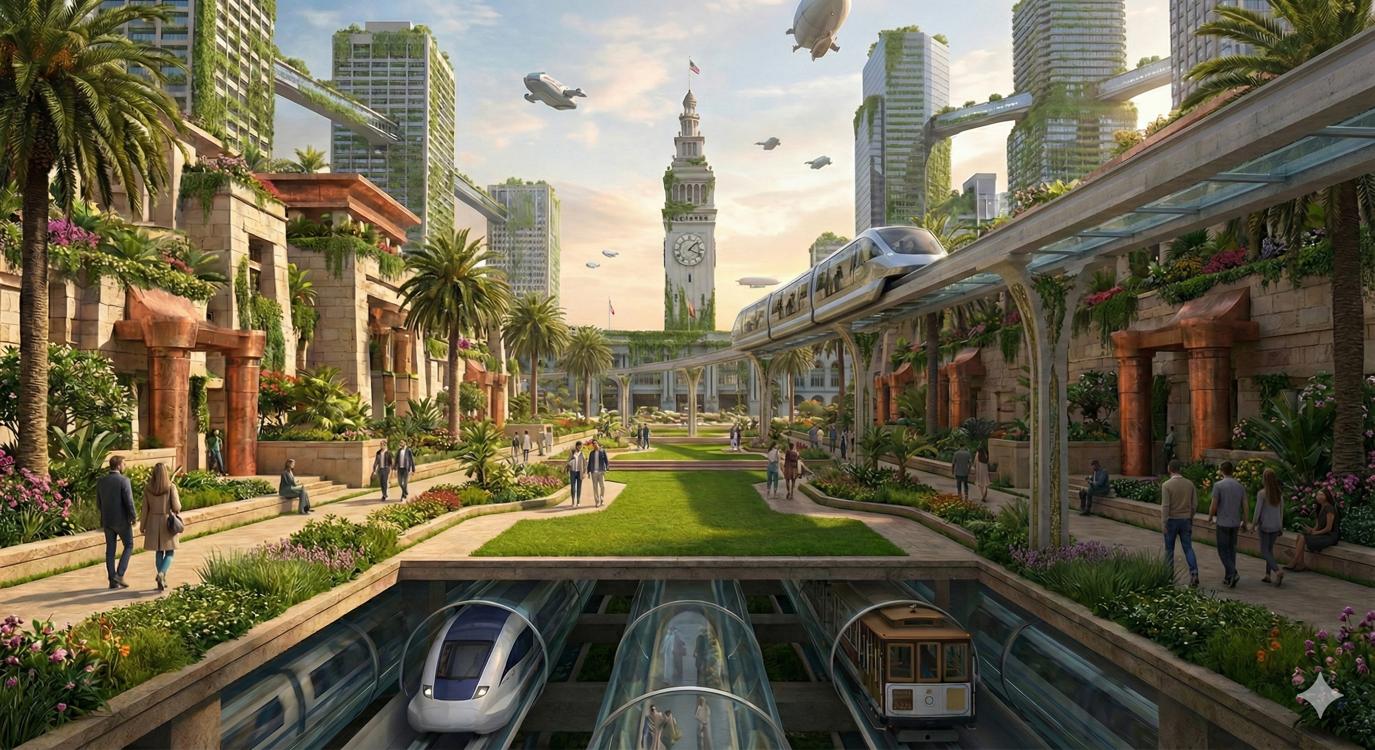 Future Market Street with layered transit and pedestrian systems